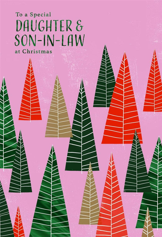 Pink Background with Illustrated Trees for Daughter & Son in Law Christmas Card