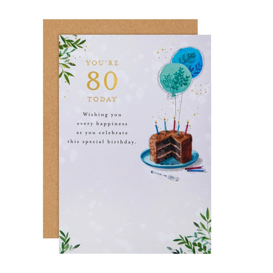 Cake & Balloons Design 80th Birthday Card