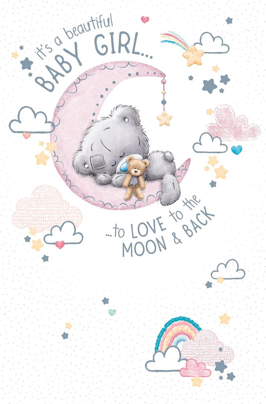 Bear On Moon New Baby Girl Congratulations Card