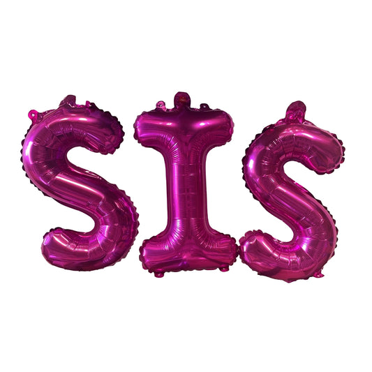 SIS Pink Text Sister Foil Balloons with Ribbon and Straw for Inflating