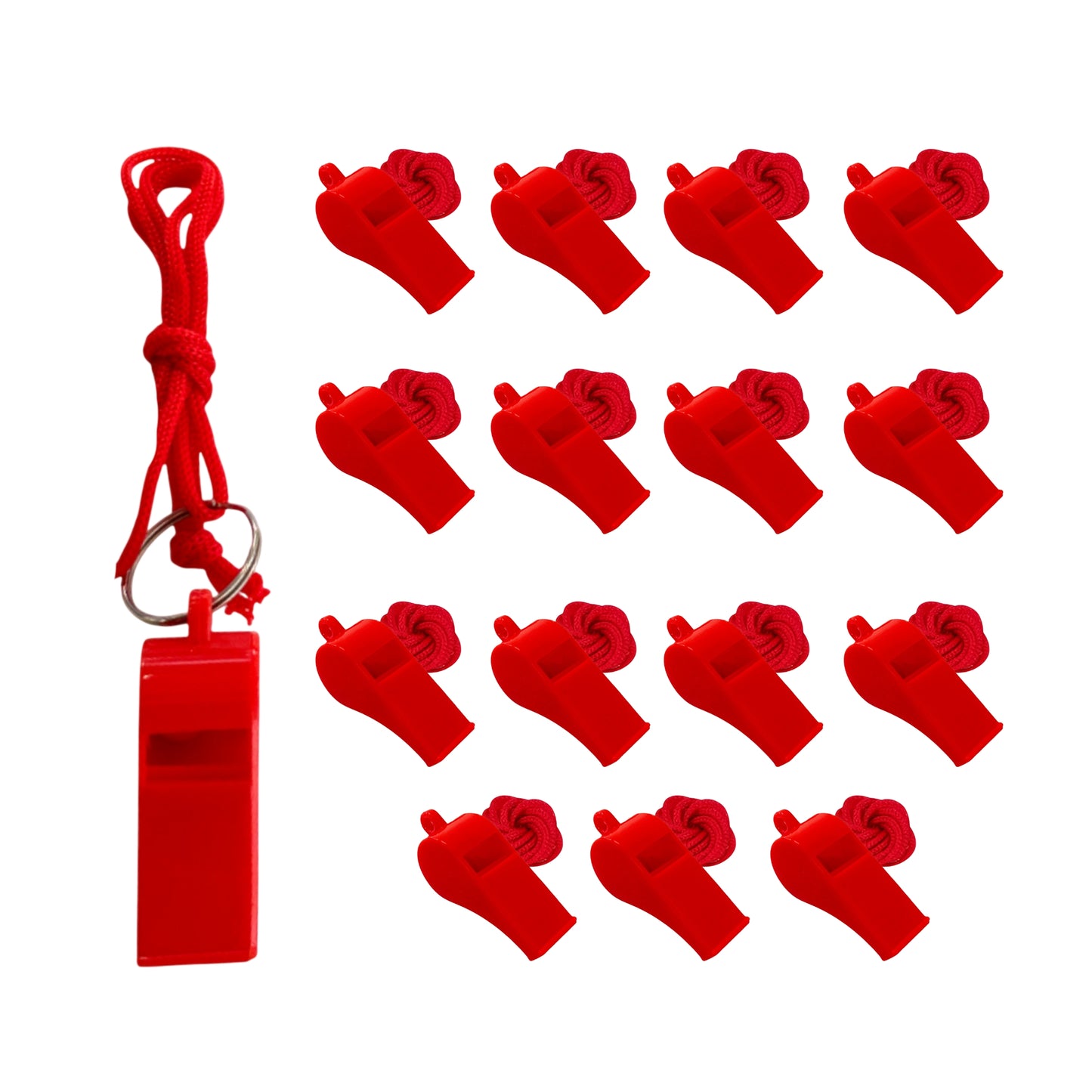 Pack of 100 Red Plastic Whistles with Lanyard Neck Cord