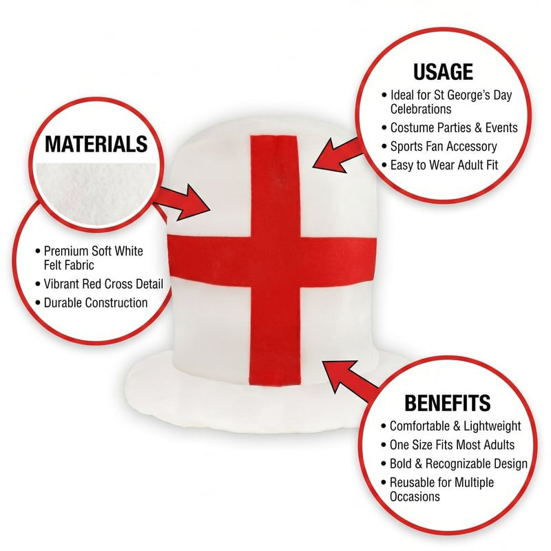 England St. George’s Cross Top Hat - White Red Cross Fancy Dress Party Accessory for Football Sports Events Celebrations Costume