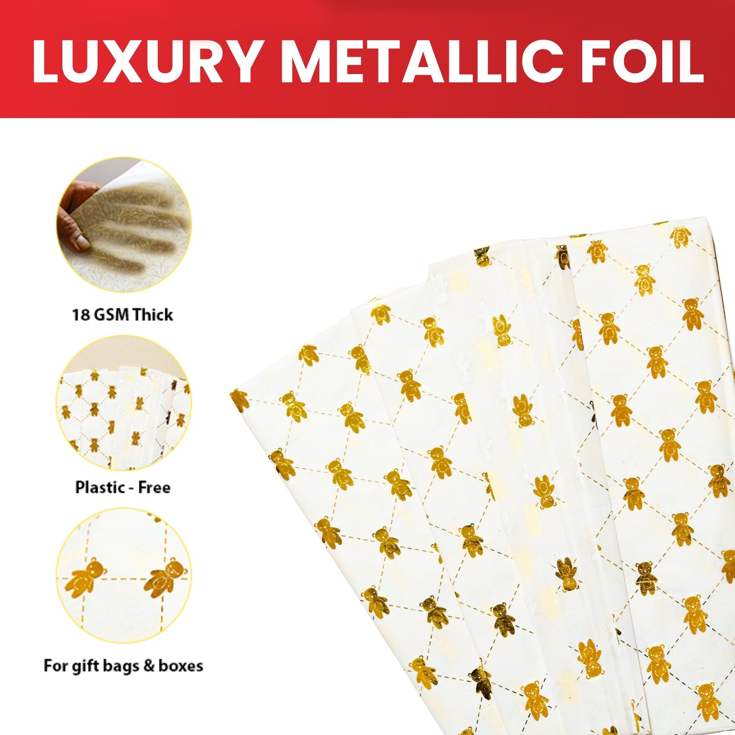 6 x Pack of 10 Teddy Bear Luxury Gold Metallic Plastic-Free 18gsm Tissue Paper Sheets 50x70cm - Patterned Tissue Paper for Xmas, New Year, Party, Wedding, Birthday Packing Present Gift Box DIY Art Crafts