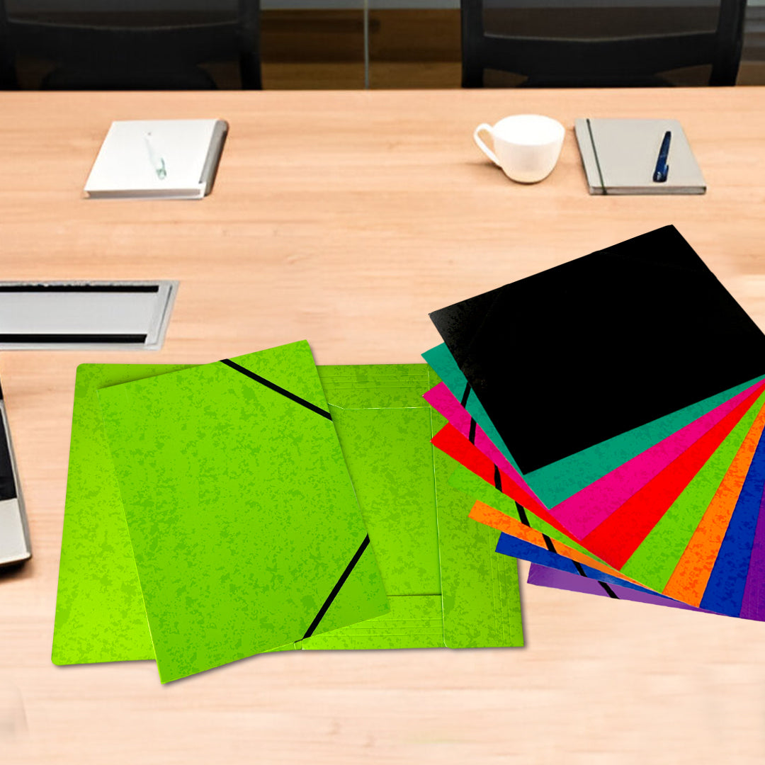Pack of 12 A4 Assorted Colour Card 3 Flap Folders with Elastic Closure