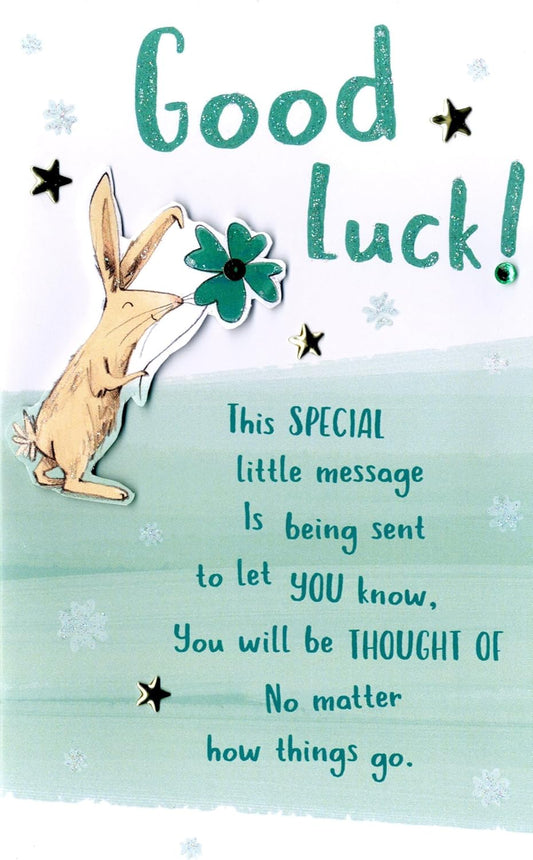 Hare With Four Leaf Clover Embellished Good Luck Card