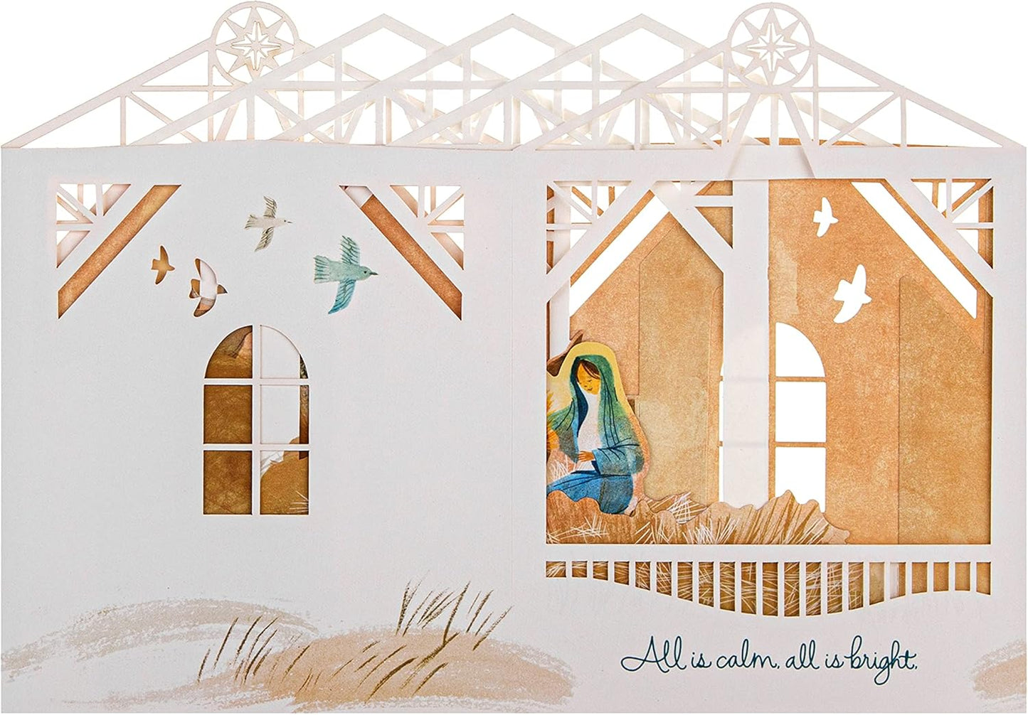 Traditional 3D Pop-Up All is Calm Nativity Scene Design Christmas Card