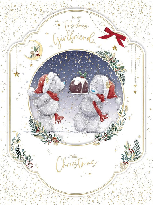Bears With Pudding For Fabulous Girlfriend Luxury Large Boxed Handmade Christmas Card