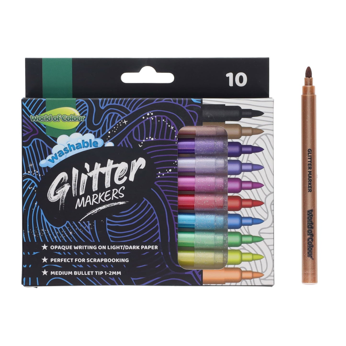 Pack of 10 Washable Glitter Markers by World of Colour