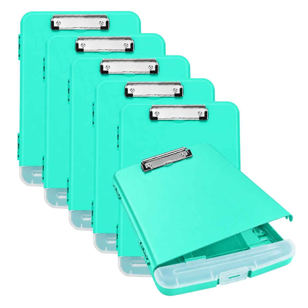 Pack of 6 A4 Cyan Green Plastic Clipboard Box Files With Pencil Holder - Storage Filing Case