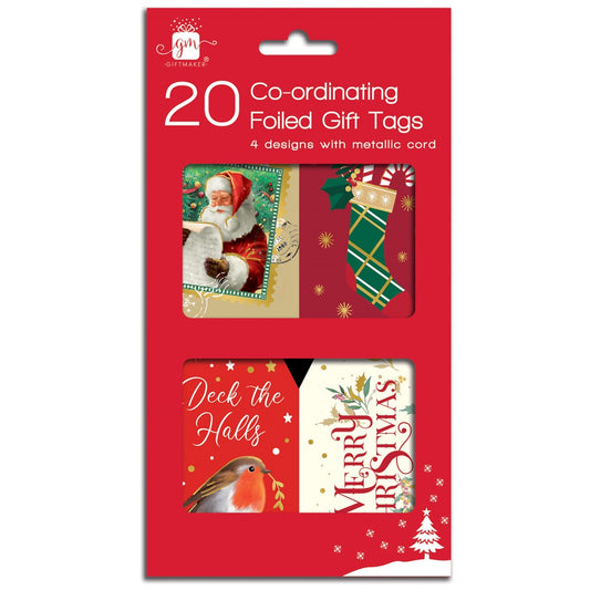 Pack of 20 Classic Co-ordinated Christmas Gift Tags