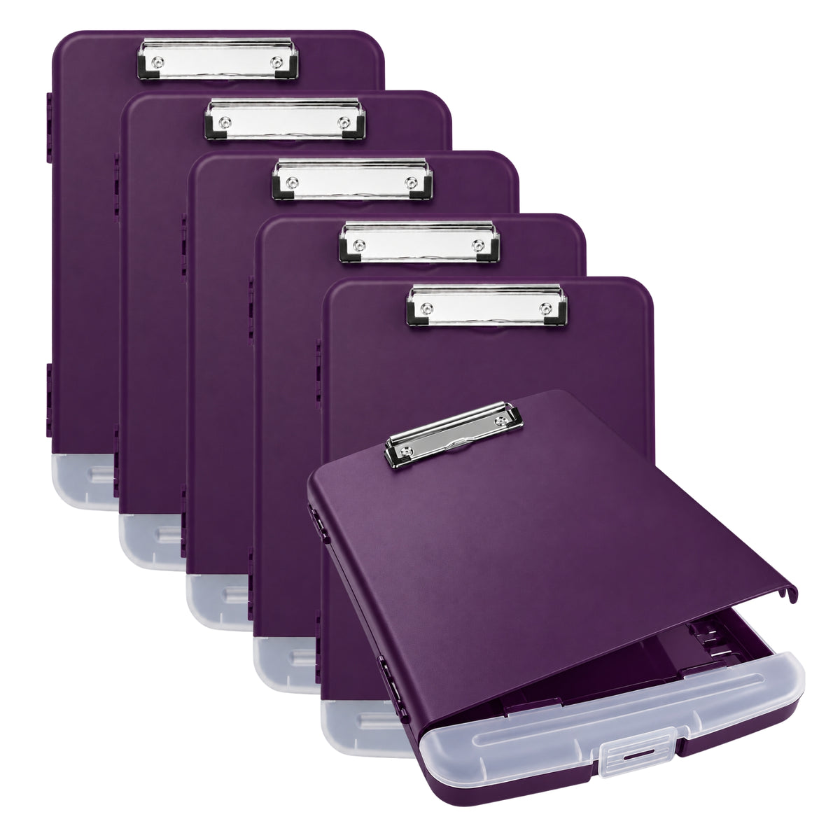 Pack of 6 A4 Purple Plastic Clipboard Box Files With Pencil Holder - Storage Filing Case