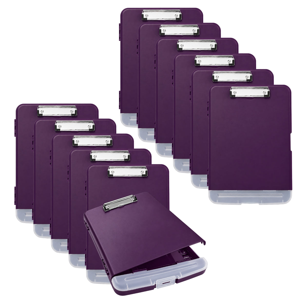 Pack of 12 A4 Purple Plastic Clipboard Box Files With Pencil Holder - Storage Filing Case