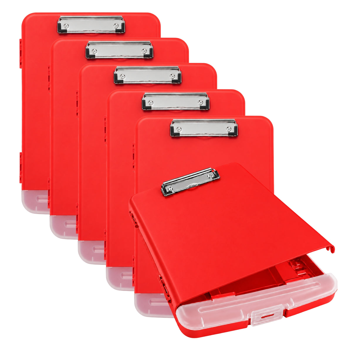 Pack of 6 A4 Red Plastic Clipboard Box Files With Pencil Holder - Storage Filing Case