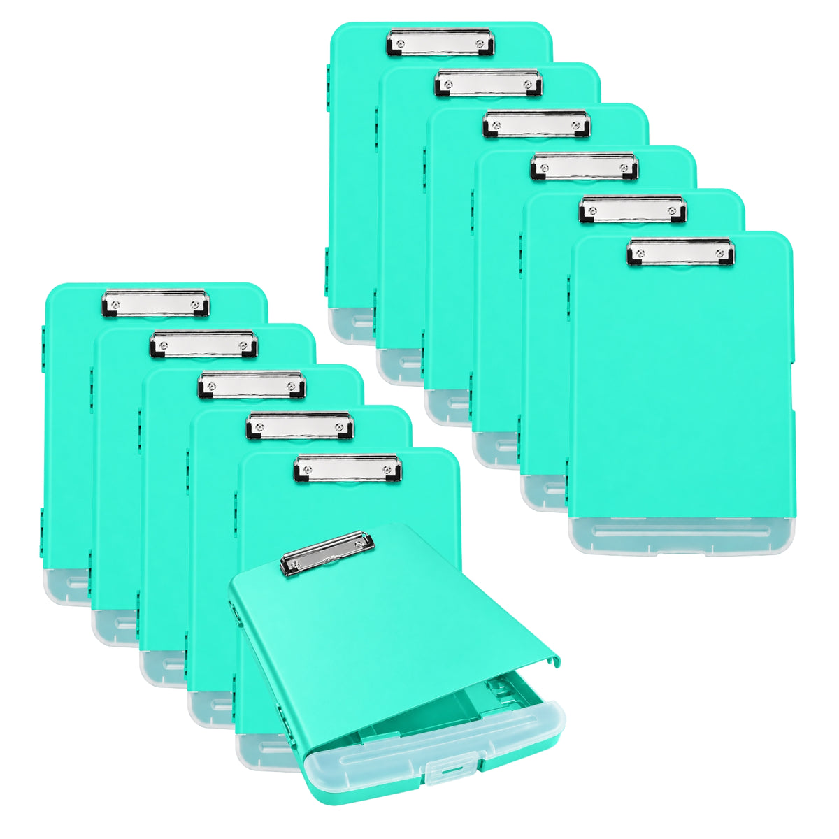 Pack of 12 A4 Cyan Green Plastic Clipboard Box Files With Pencil Holder - Storage Filing Case