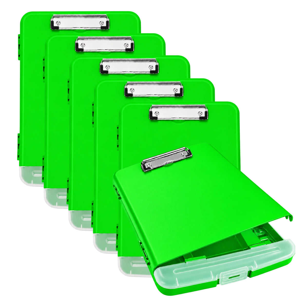 Pack of 6 A4 Green Plastic Clipboard Box Files With Pencil Holder - Storage Filing Case