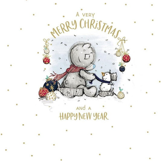 Bear Sat With Little Snowman Christmas Card