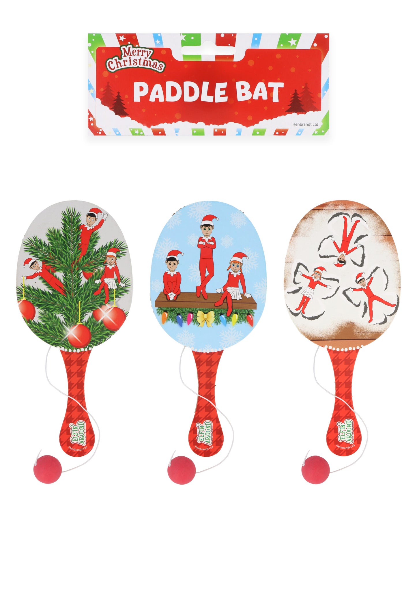 Christmas Elfin Around Wooden Paddle Bat and Ball Games 22cm