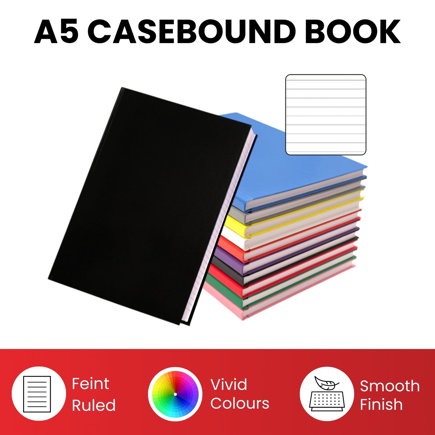 Pack of 5 A5 160 Pages 8mm Ruled White Casebound Notebooks