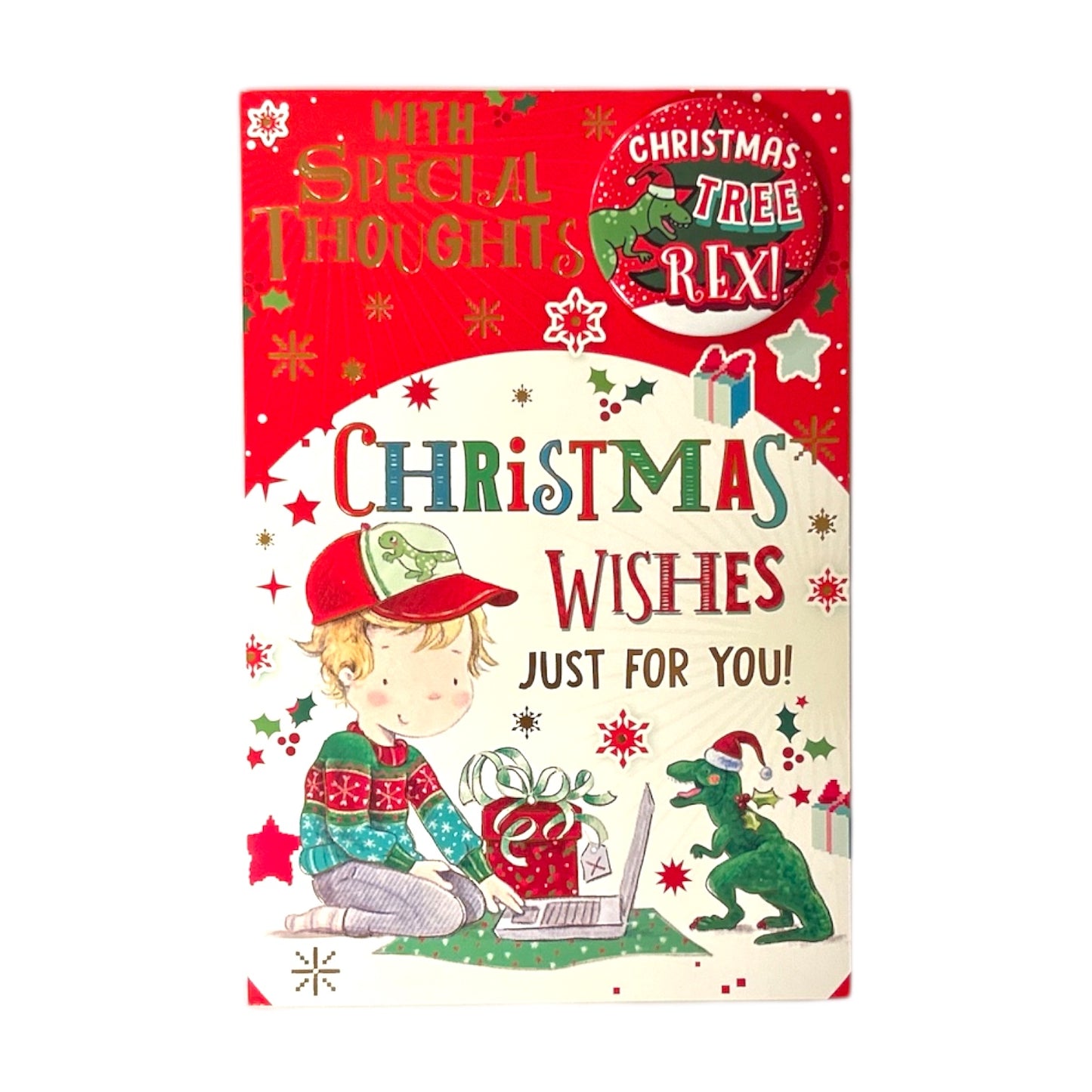 Just for You Christmas Tree Rex Dinosaur Design Christmas Card with Badge