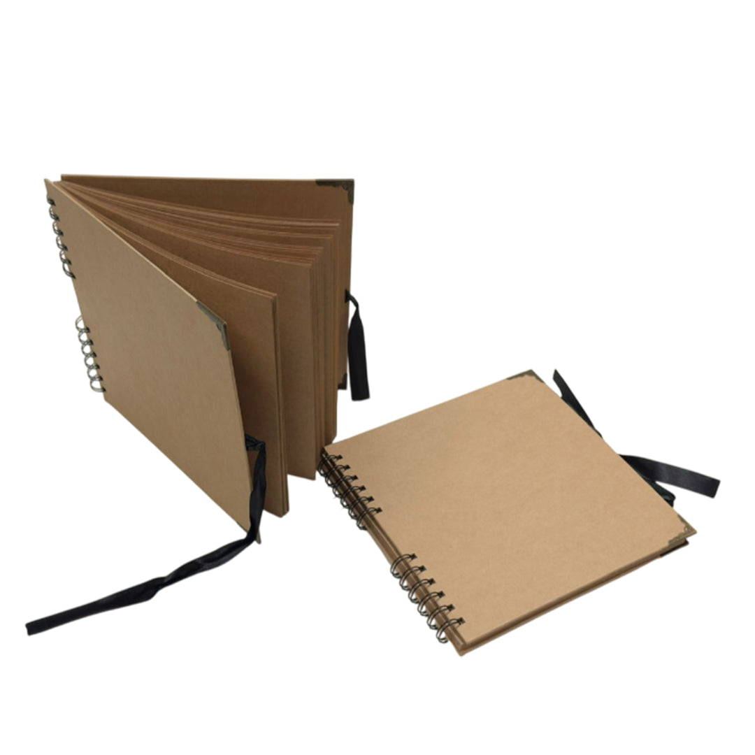 Pack of 2 Spiral Bound 180gsm Kraft Scrapbooks with Ribbon Closure and Metal Corners - 30 Sheets 20x20cm