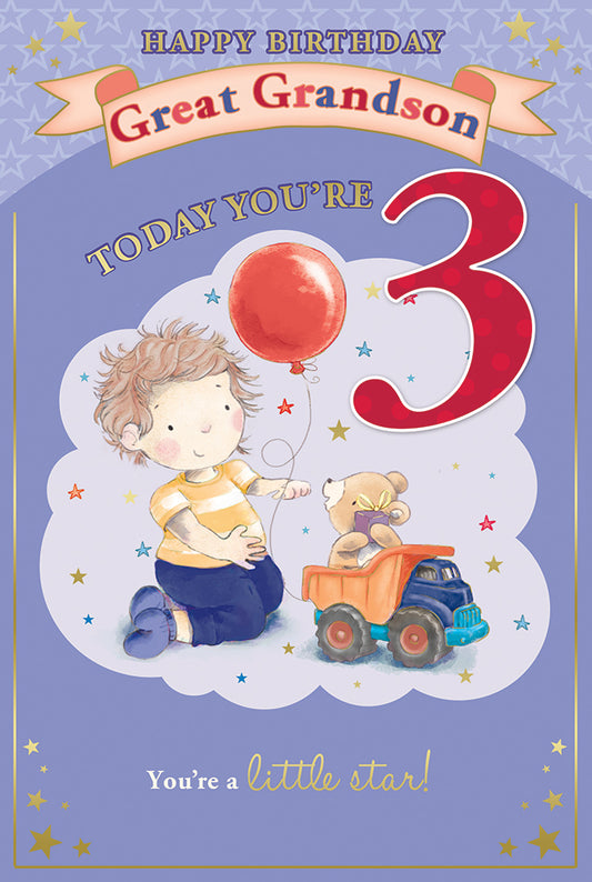 Today You're 3 Boy With Balloon Great Grandson Candy Club Birthday Card