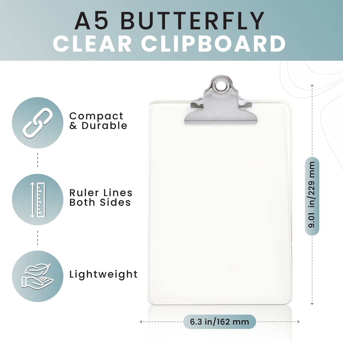 Clear A5 Clipboard with Butterfly Clip with Ruled Side