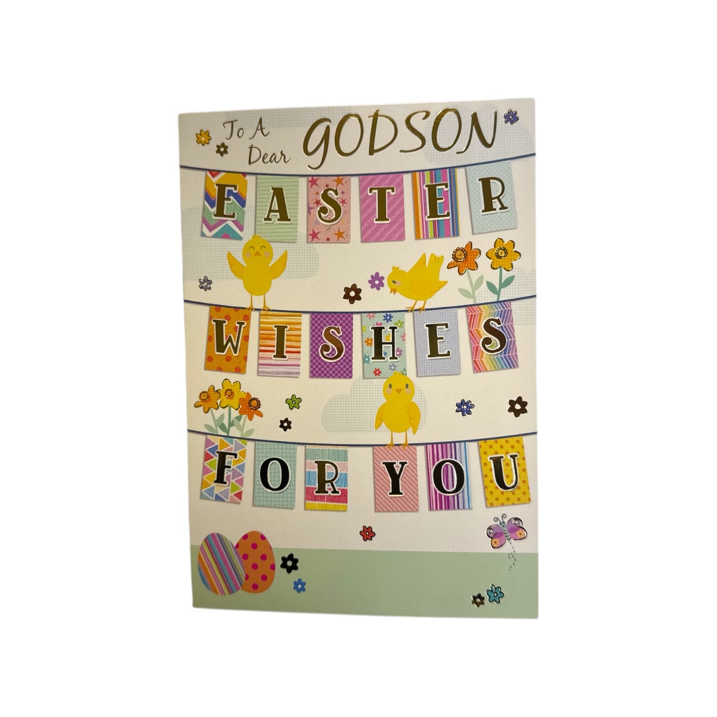 To Dear Godson Vibrant Patterns Bunting Design Easter Card