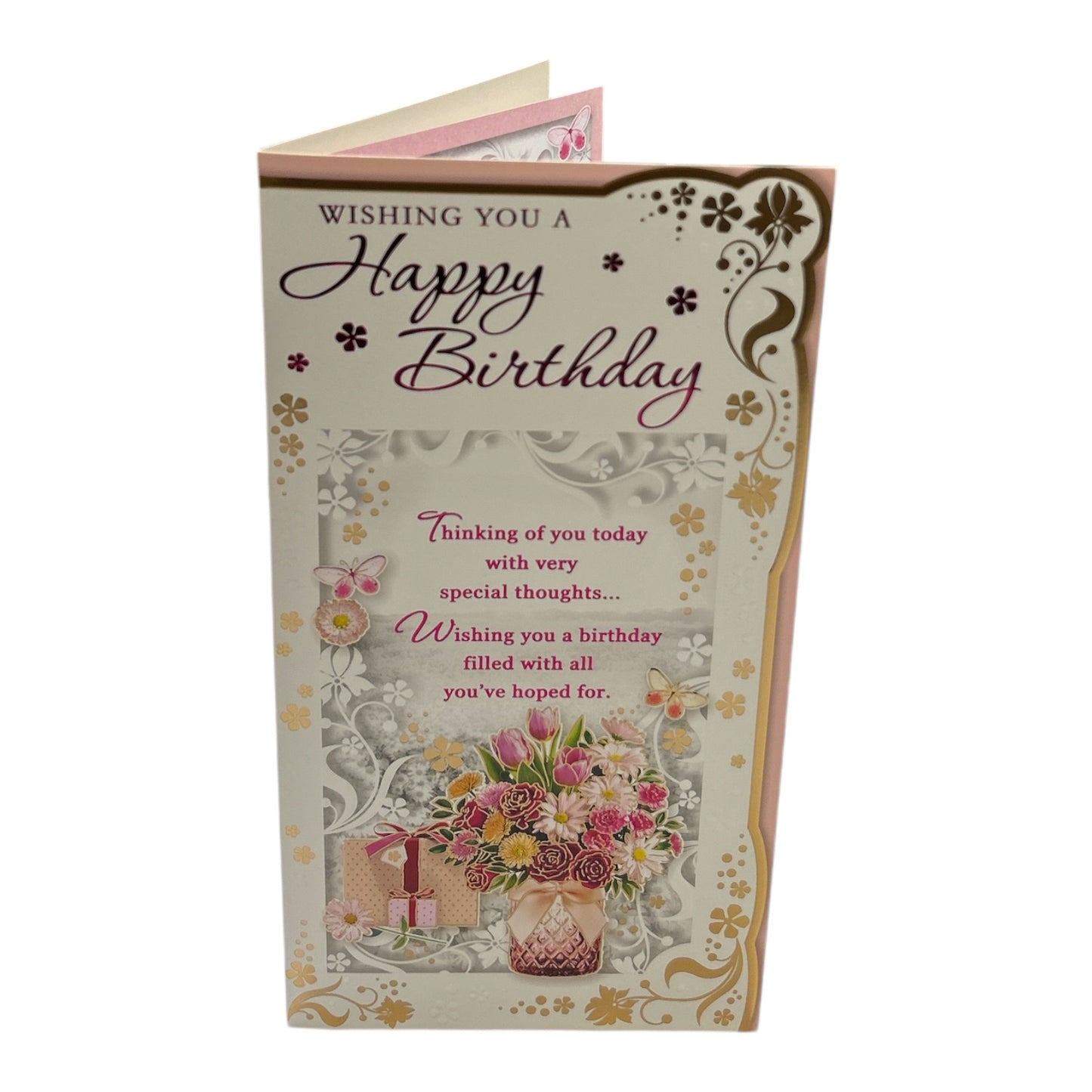 Open Female Flower Pot and Gift Design Traditional Opacity Birthday Card