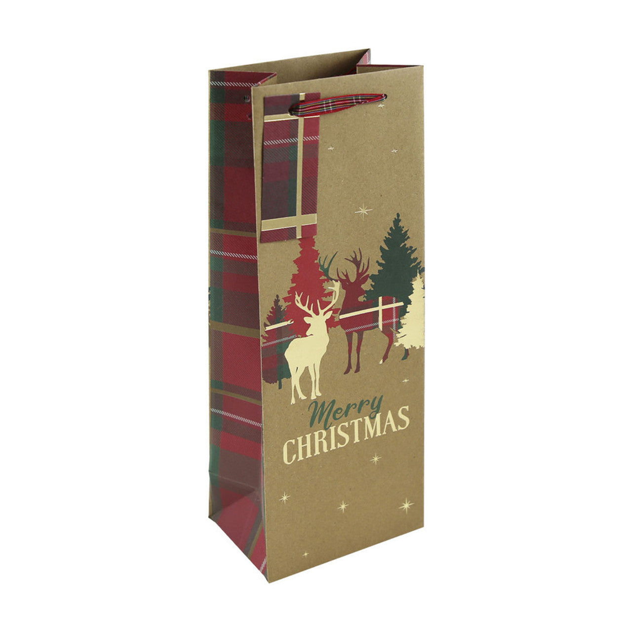 Pack of 12 Christmas Kraft Stag Tartan Text Bottle Gift Bags