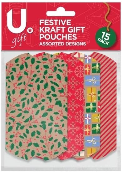 Pack of 15 Festive Kraft Designs Christmas Gift Pouches