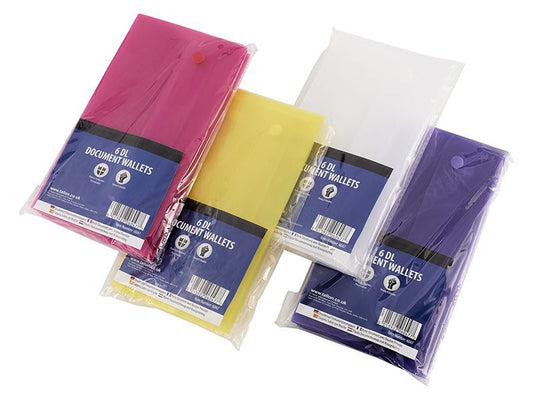 Single Pack of 6 DL Plastic Document Wallets with Stud Closing Button 