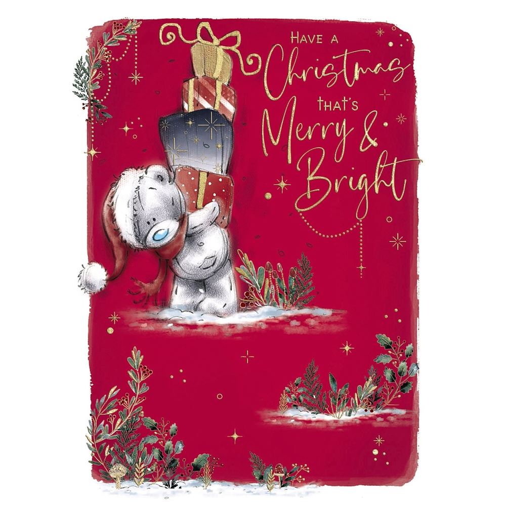 Bear With Gifts On Back Merry & Bright Christmas Card