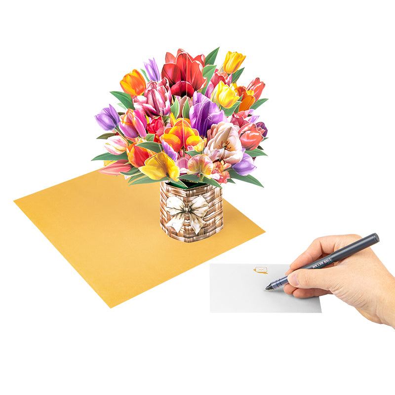 Petals of Joy Tulip Basket 3D Pop Up Greeting Card - Mother's Day Birthday Wedding Anniversary 