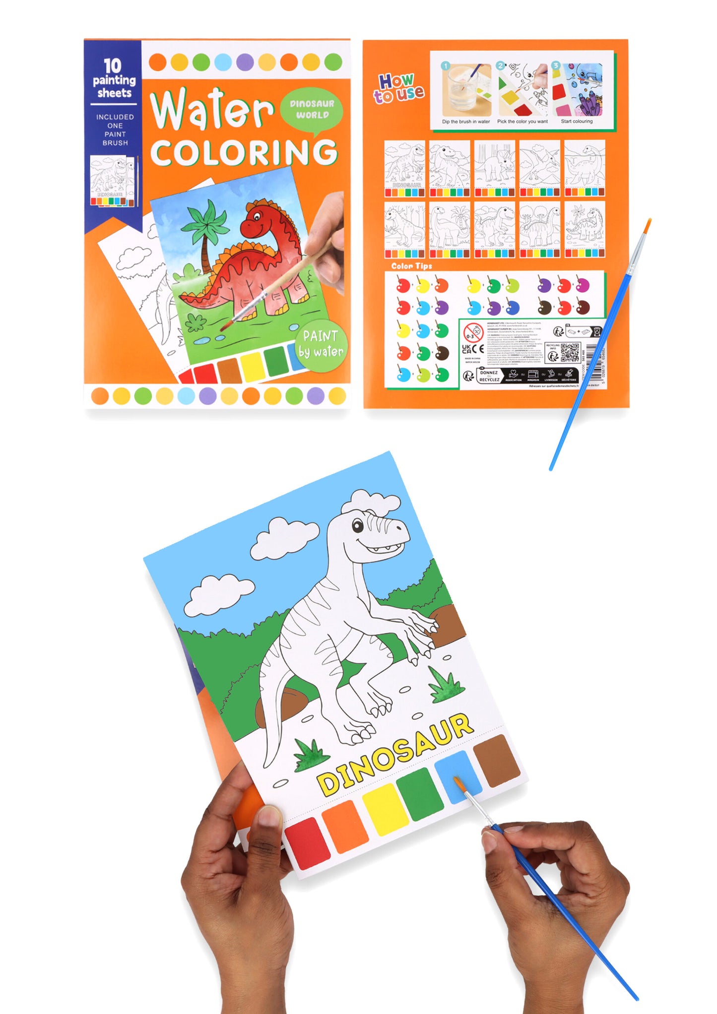 Pack of 12 Dinosaur Water Colouring Set (21cm x 15cm) - A5 Size 10 Painting Sheets Paint Brush Included