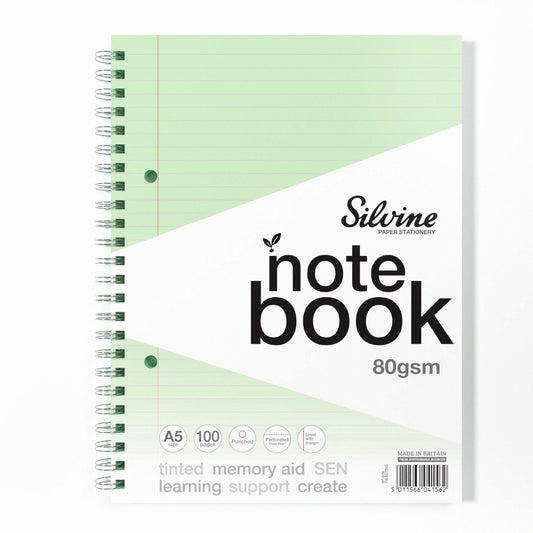A5+ 100 Pages Twin Wire SEN Green Paper Dyslexia Notebook - Lined with Margin