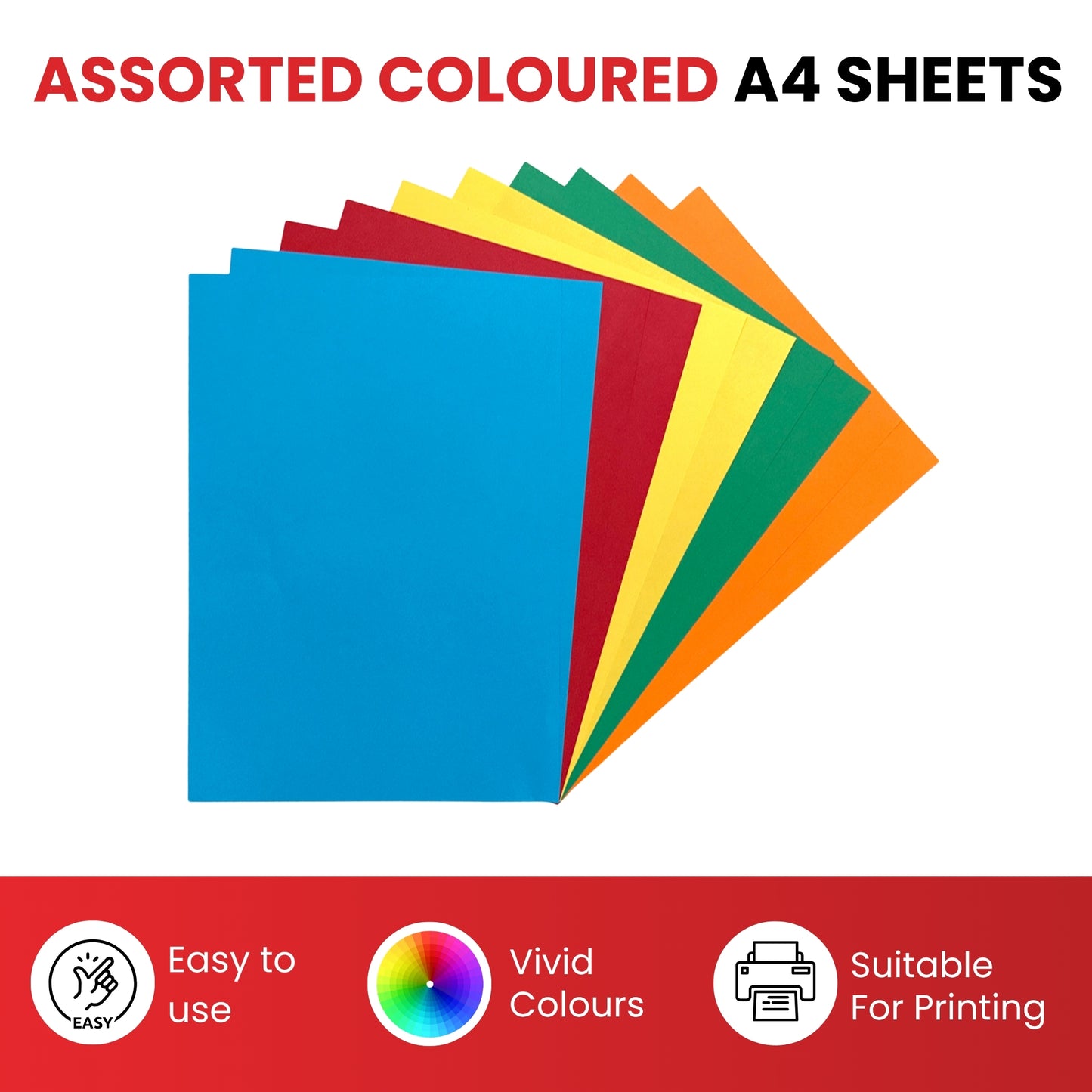 Pack of 100 A4 Assorted Primary Coloured Paper 75gsm Sheets