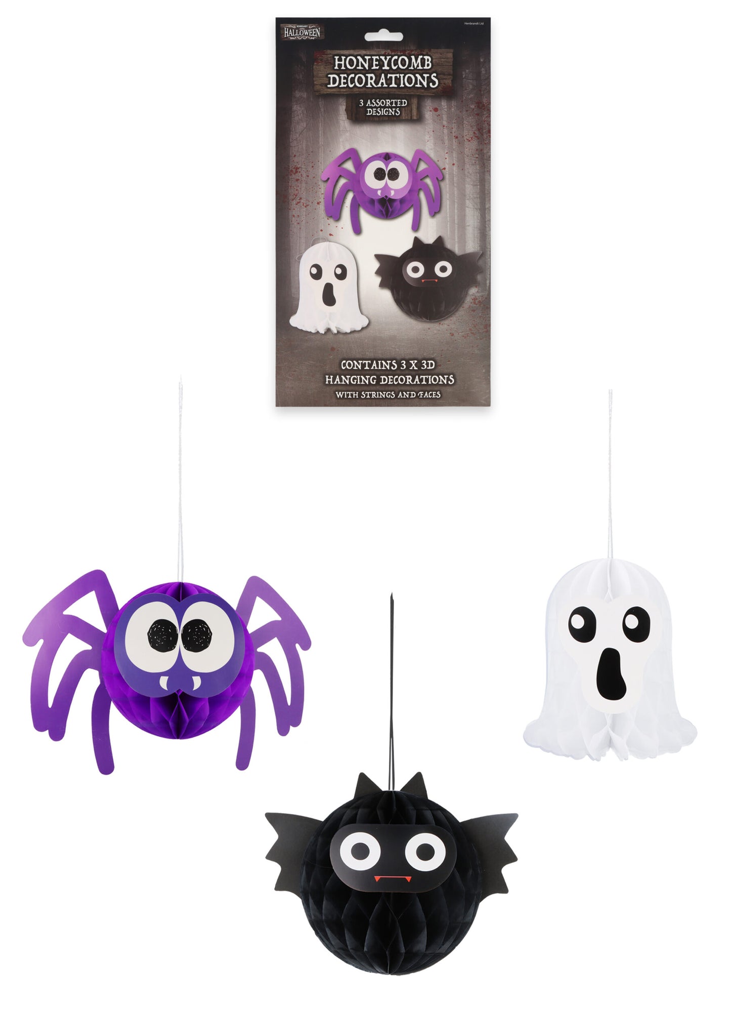 Pack of 3 Hanging Halloween 3D Paper Decorations - Spooky Ghost Spider Bat Honeycomb Party Decor