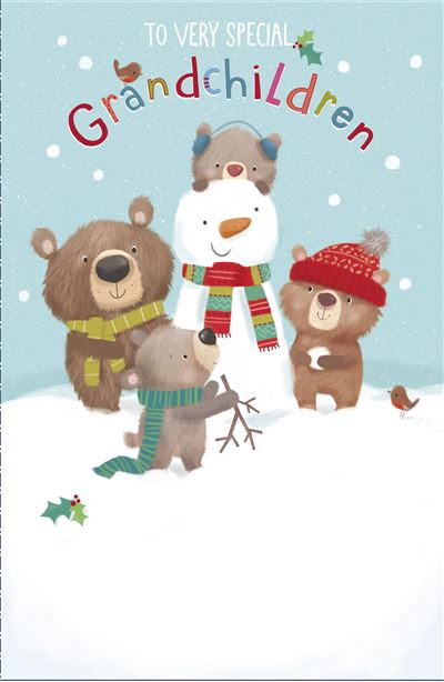 Percy and Peggy Building Snowman Grandchildren Christmas Card