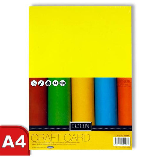 Pack of 50 Sheets A4 Assorted Rainbow Coloured 160gsm Craft Card by Icon Art