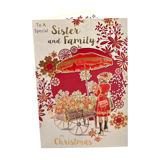 To a Special Sister and Family Flower Cart Design Christmas Card