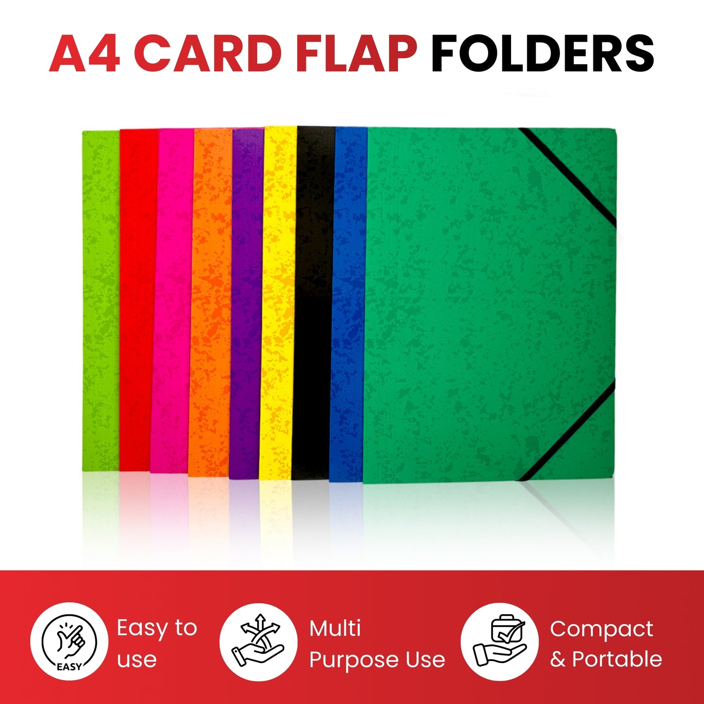 Pack of 12 A4 Assorted Colour Card 3 Flap Folders with Elastic Closure