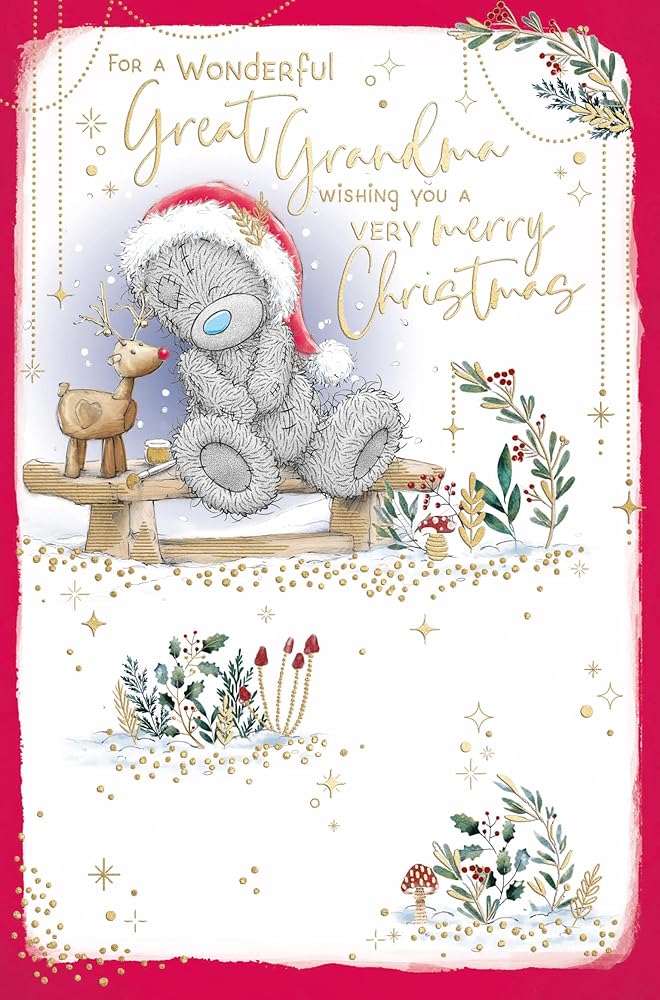 Bear And Reindeer On Bench For Great Grandma Christmas Card