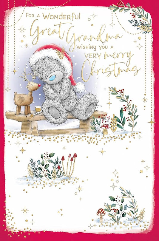 Bear And Reindeer On Bench For Great Grandma Christmas Card