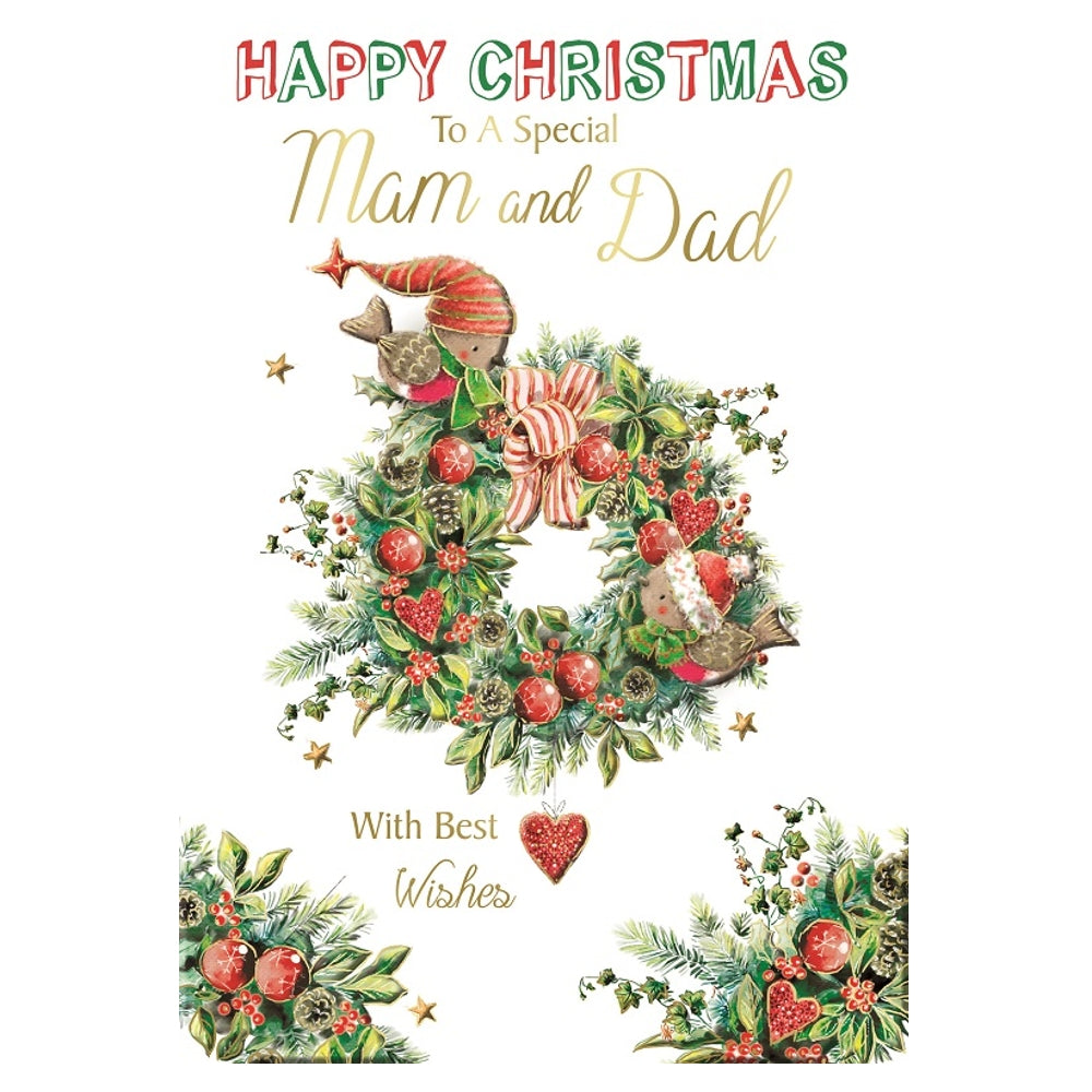To a Special Mam and Dad Birds In Wreath Design Christmas Card