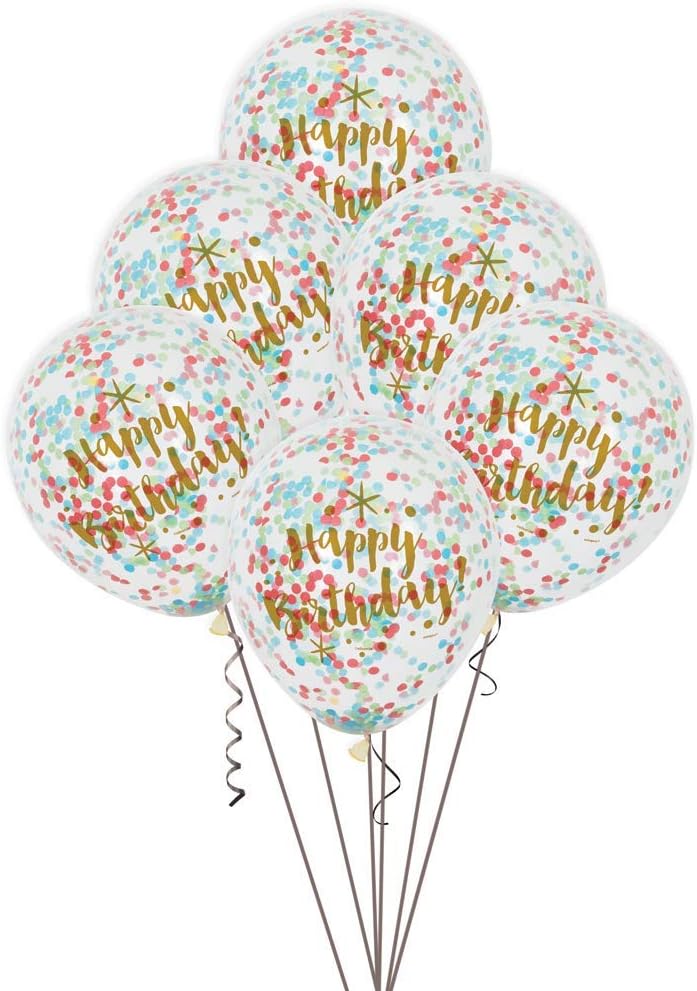 Pack of 6 Glitzy Gold Birthday Clear Latex Balloons with Confetti 12"