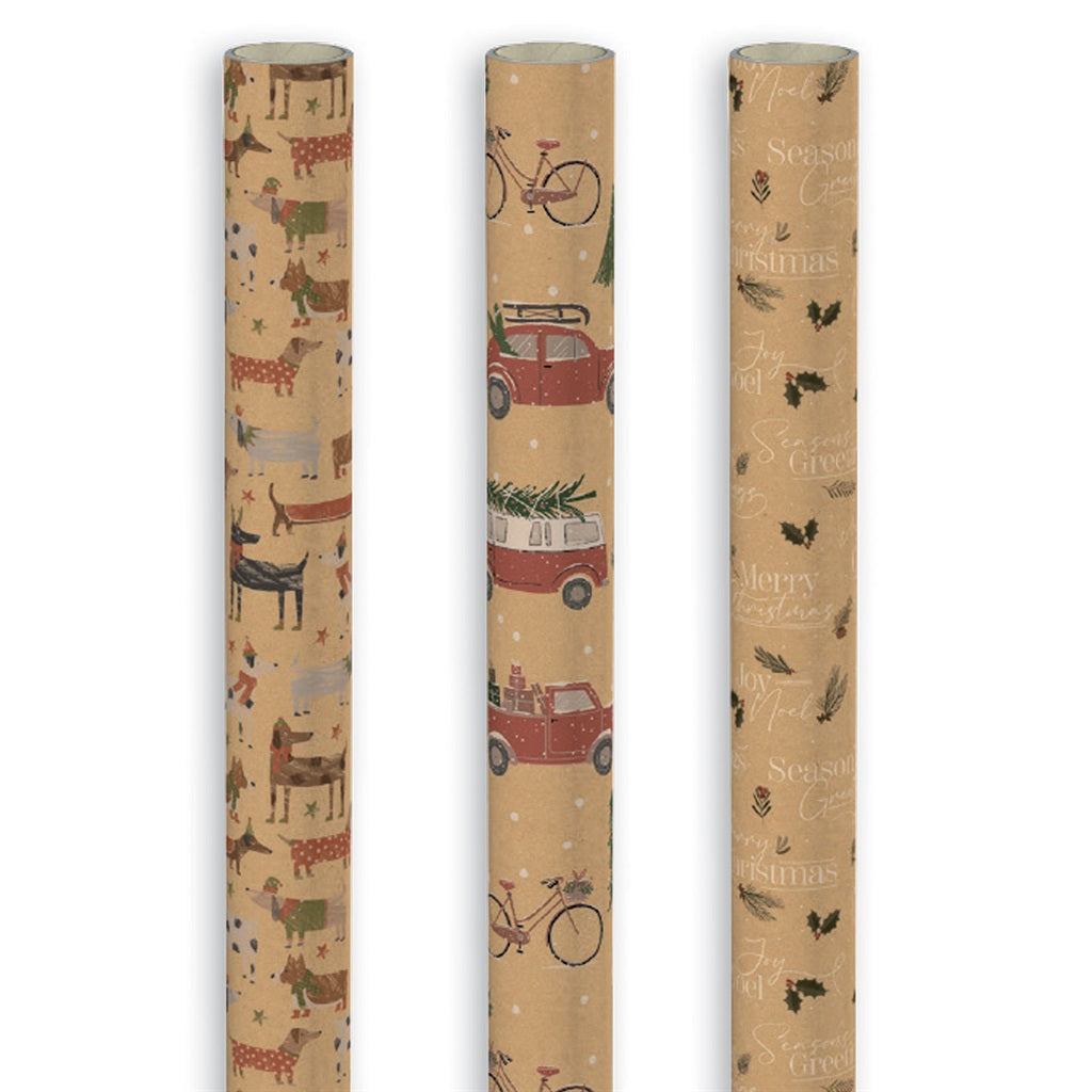 Pack of 3 Icon Mix Kraft Christmas Wrapping Paper Rolls 2m x 69cm