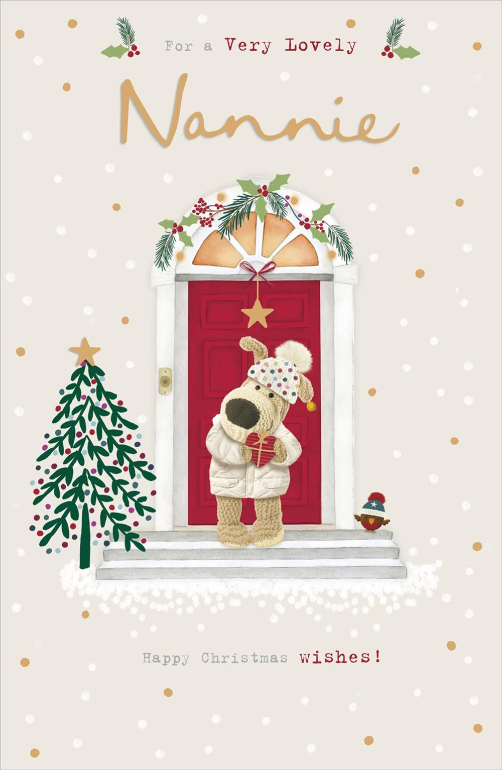 Boofle Standing In Front Of Door Nannie Christmas Card