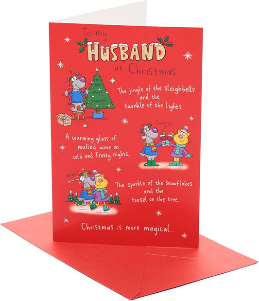 Giggles Cartoon Dog and Cat Design Husband Christmas Card