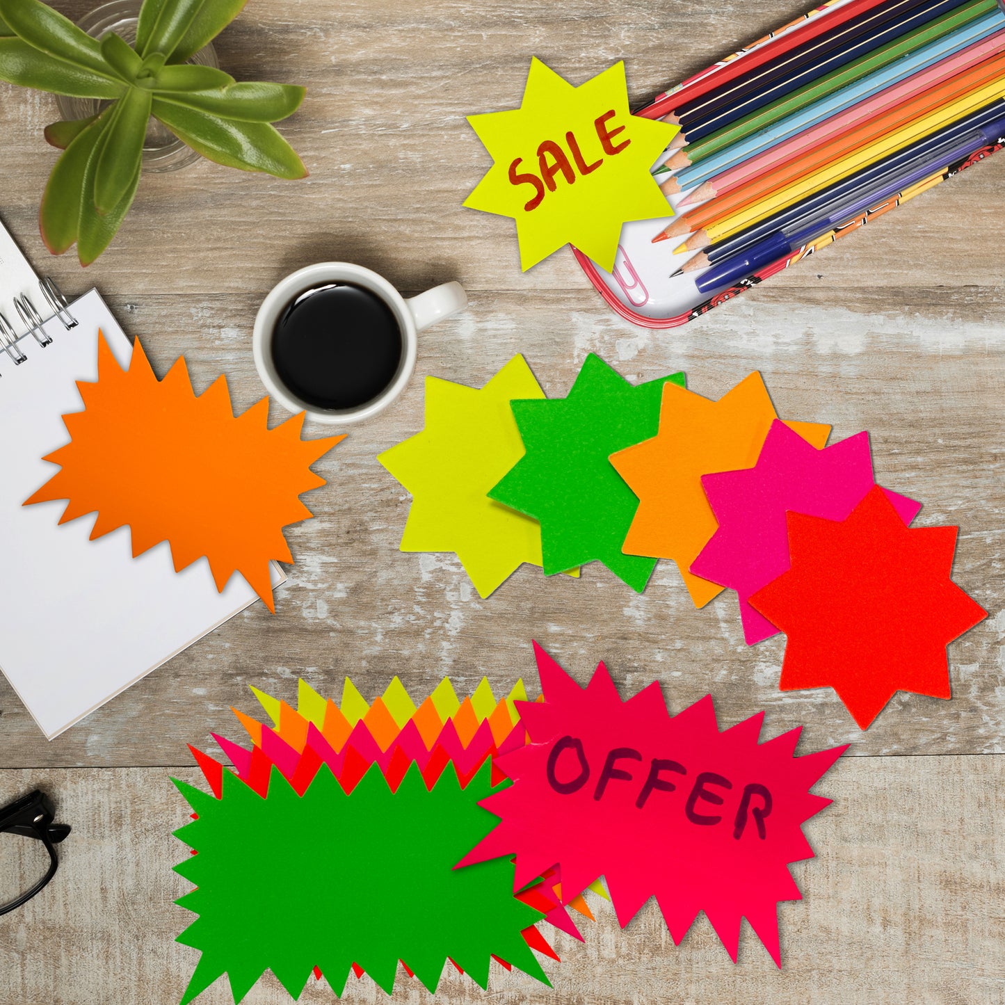 Pack of 50 Assorted Coloured Neon Fluorescent Stars & Flashes in Assorted Size