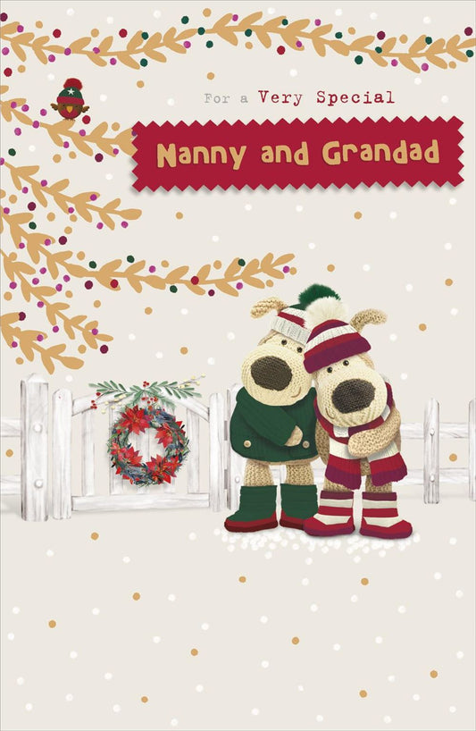 Two Boofles and Wreath Gate Nanny and Grandad Christmas Card